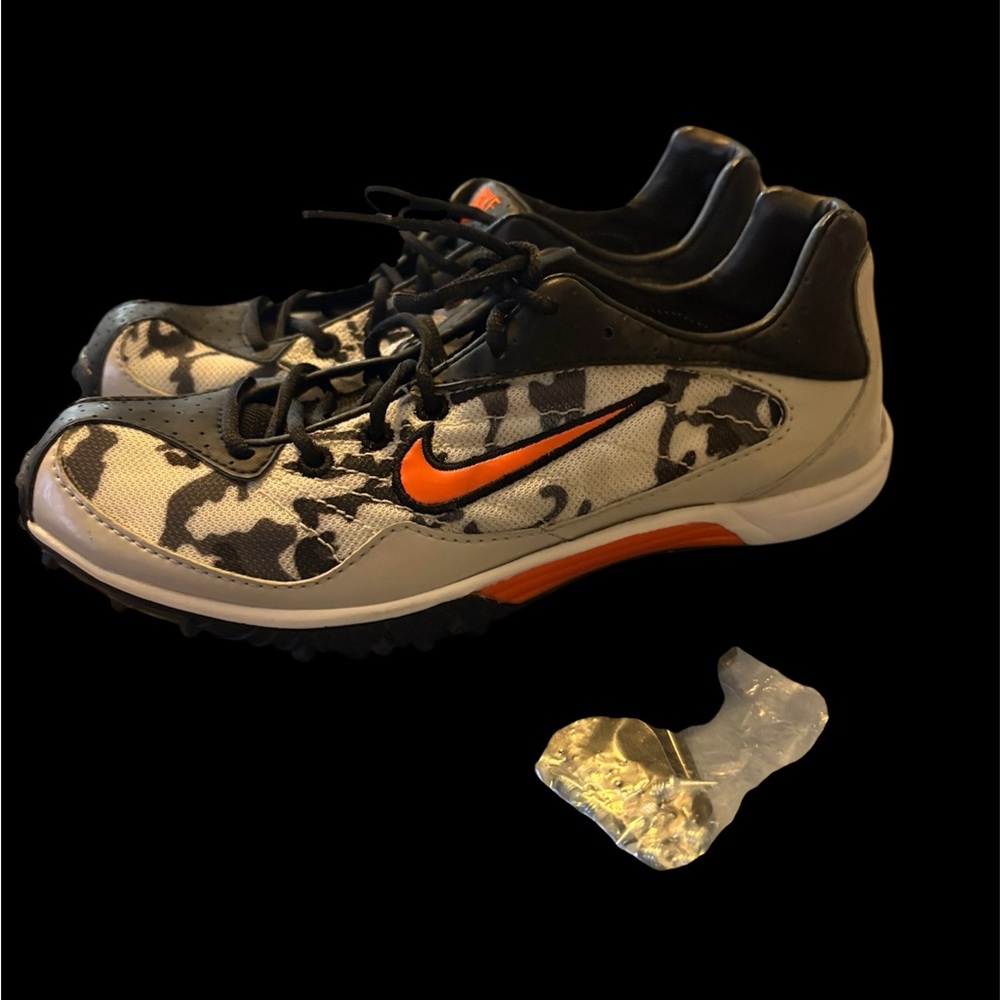 Nike Black and White Camouflage Track Shoes with Orange Logo